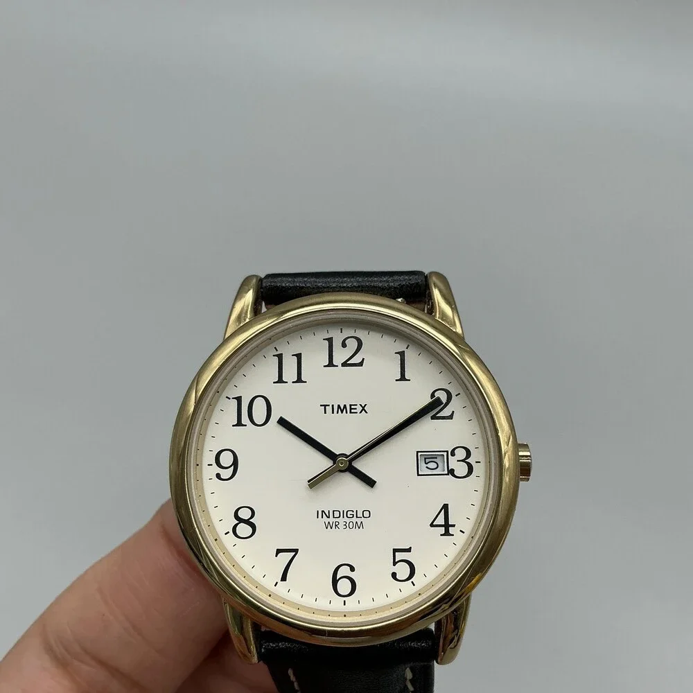 Timex Indiglo Mens Watch 35mm White Dial Gold Tone Leather Date New Battery